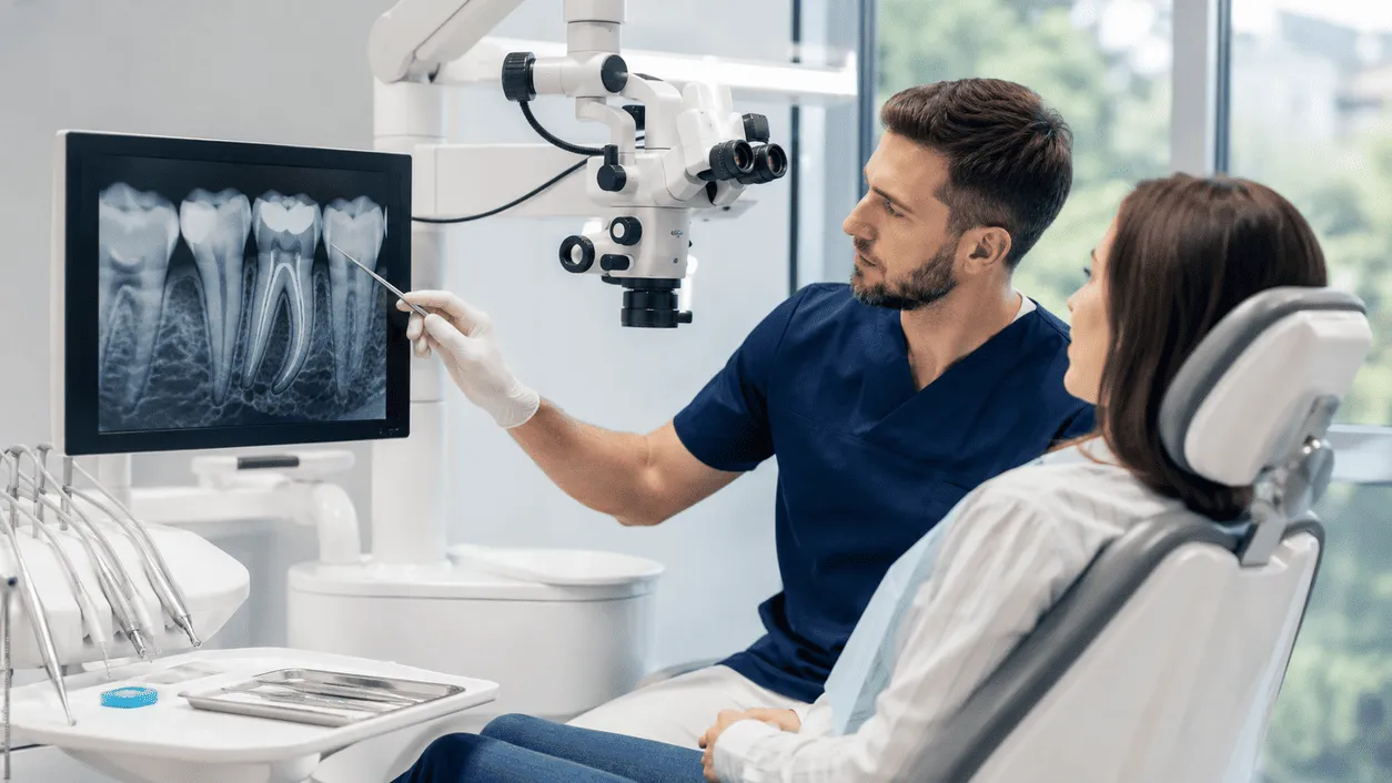 Endodonta Chorzów omawia z pacjentką zdjęcie RTG zęba w nowoczesnym gabinecie stomatologicznym.